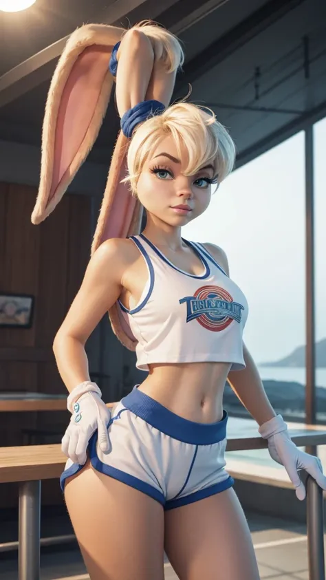 An anchor and next to it stands a girl who holds onto the anchor with her hands, lolabunny
furry, white shorts, white gloves, Tank top, sportswear
animal nose