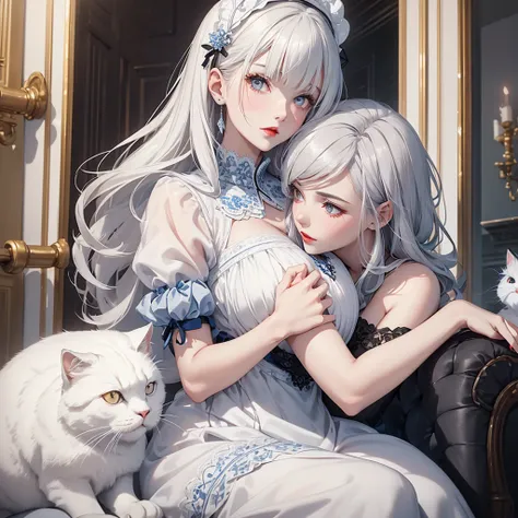 A gray-haired girl with very white skin and very red lips, wearing a white dress with blue embroidery, who is hugging a white Persian cat with black spots.