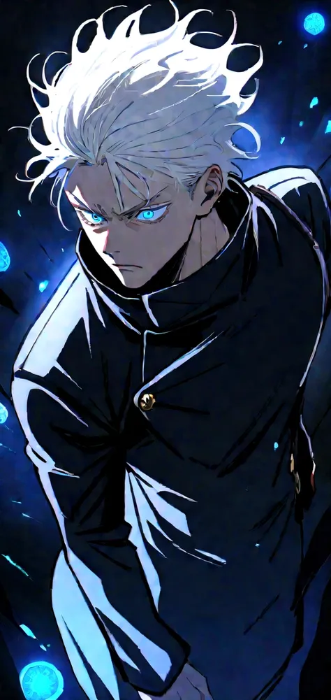 ((Masterpiece)), ((magig)),((ultra detail)), 1boy, gojo satoru, white hair, Jujutsu kaisen, magic blue circle, blue lighting, handsone, blood splatter, messy hair, blue eyes, serious face, looking at viwers, dark background, powerfull, magical view