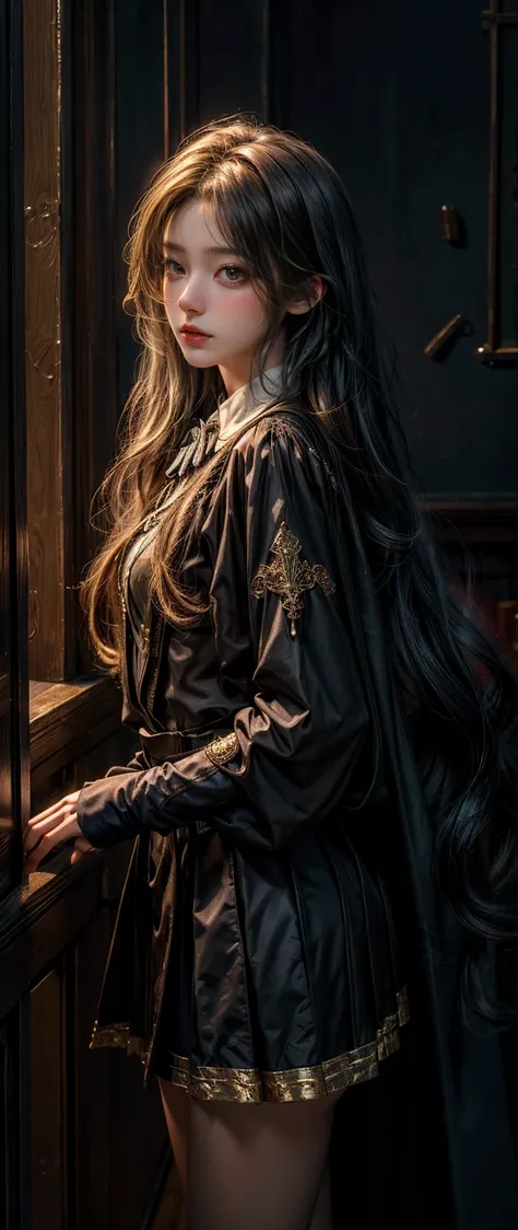 Highest quality, Highest picture quality, high resolution, realistic, 8K, Highly detailed,In a small dark medieval room, blue witch school uniform, long golden hair,golden hair