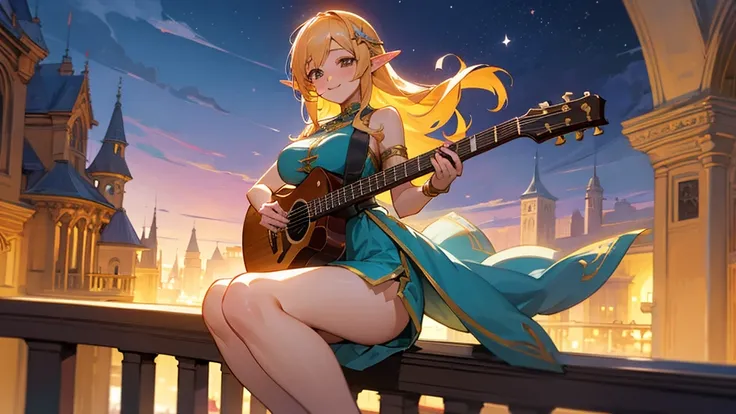 Anime Style,night,Detailed background,Magical World,A lively balcony with many people,Smiling bard beautiful elf girl,guitar,Large Breasts,Healthy thighs,Underarm,Barefoot