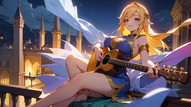 Anime Style,night,Detailed background,Magical World,A lively balcony with many people,Smiling bard beautiful elf girl,guitar,Large Breasts,Healthy thighs,Underarm,Barefoot