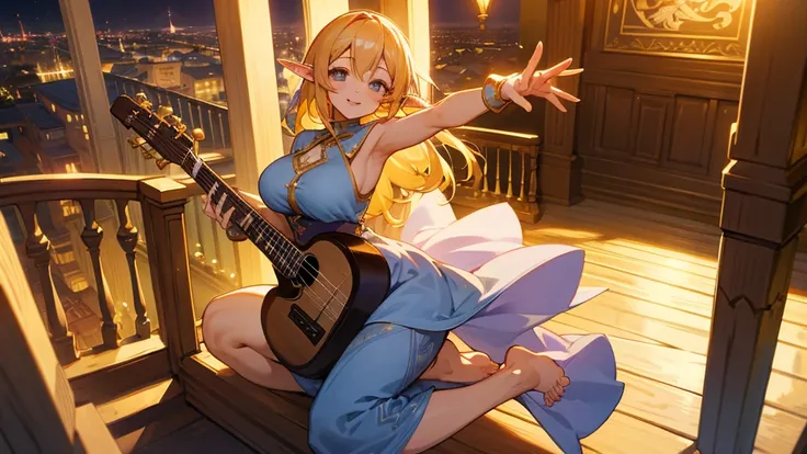 Anime Style,night,Detailed background,Magical World,A lively balcony with many people,Smiling bard beautiful elf girl,guitar,Large Breasts,Healthy thighs,Underarm,Barefoot