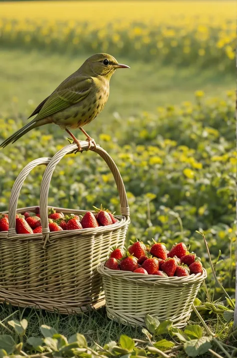 A green thrush bird pecks ripe strawberries from a wicker basket on a yellow meadow