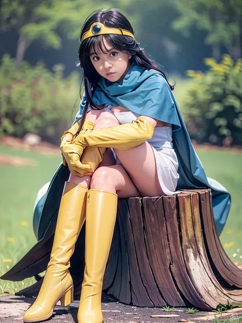 sage_(dq3), 1girl, 
(the vast grasslands), 
(sitting on a stump), (spread legs show panties toward for the viewer), 
(black hair...