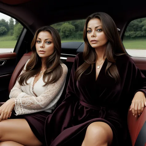 ornella muti, 35 ans,in a luxury car , sitting in the back, vêtue d'un très gros et très épais manteau de fourrure en vison brun...