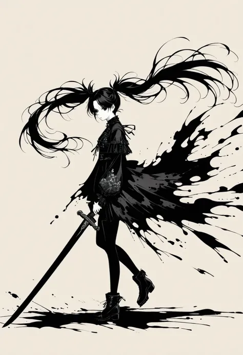 a girl with long twin pigtails, holding a sword, gothic style, minimalist, line art, vast negative space, ink painting, abstract