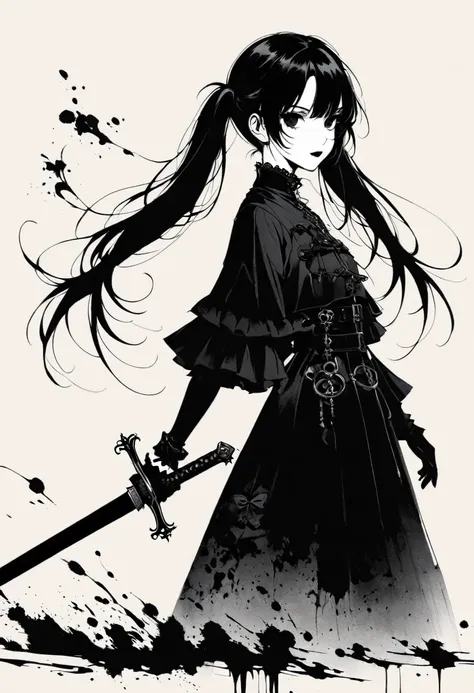 a girl with long twin pigtails, holding a sword, gothic style, minimalist, line art, vast negative space, ink painting, abstract