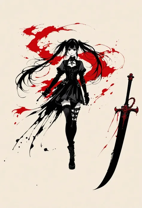 a girl with long twin pigtails, holding a sword, gothic style, minimalist, line art, vast negative space, ink painting, abstract