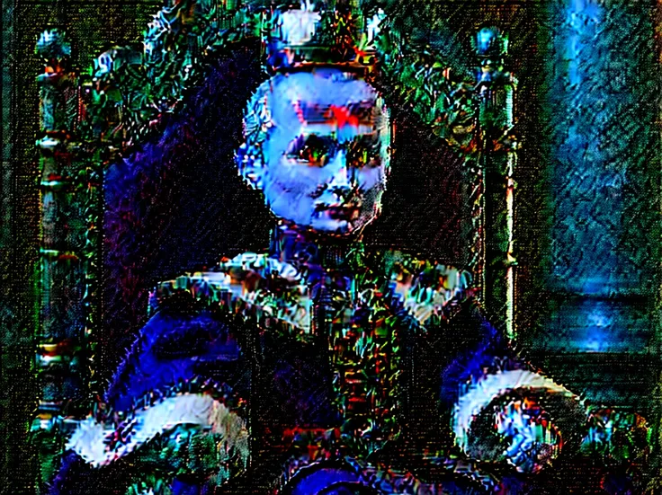 (knitted toy voodoo doll:1.8), (Voodoo Vladimir Putin:1.6), (on the throne:1.3), (Clothing: royal attire with royal insignia, flowing cape:1.0), (Accessories: crown, scepter:1.2), (background: luxurious room full of riches, Russian coat of arms prominently...