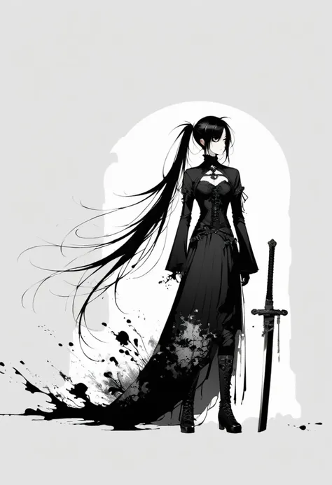 Double ponytail long hair，Sword，Gothic，Minimalism，Lineism，Lots of white space，Ink Painting，abstract,