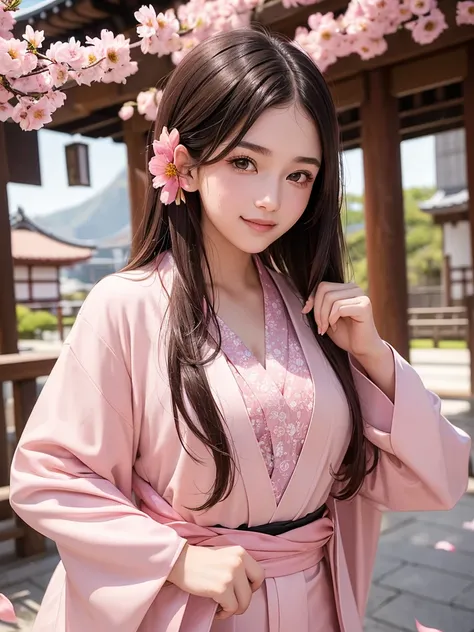 Female((18 years old)), hair((brown)), eyes((brown, smart eyes)), clothes((formal kimono, pink)),  smile, big , Japanese temple, flower petals, happy facial, open kimono, cleavage, 16k, japanese idol, reealistic 