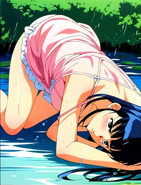 ,Kyoko,score_9,score_8_superior,score_7_superior,sauce_anime,One girl,alone,View your viewers,soaked,downpour,in the forest,negligee、濡れたnegligee、Panties、Lying down,Sad face,:d,arms_behind_return,