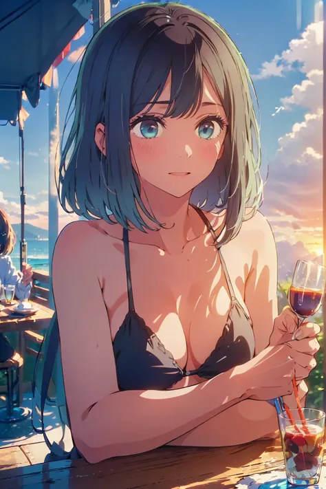 (Highest quality:1.4、masterpiece:1.4、Super detailed:1.4、8K:1.4)、F cup bust、Big Breasts、Slim body、((((1 person、sit、In the background are the urban buildings of Tokyo、looking at the camera、Outdoor café terrace、coastal、Navy hair color、juice、table、Very cute fa...