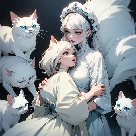 A gray-haired girl with very white skin and very red lips, wearing a white dress with blue embroidery, who is hugging a white Persian cat with black spots.