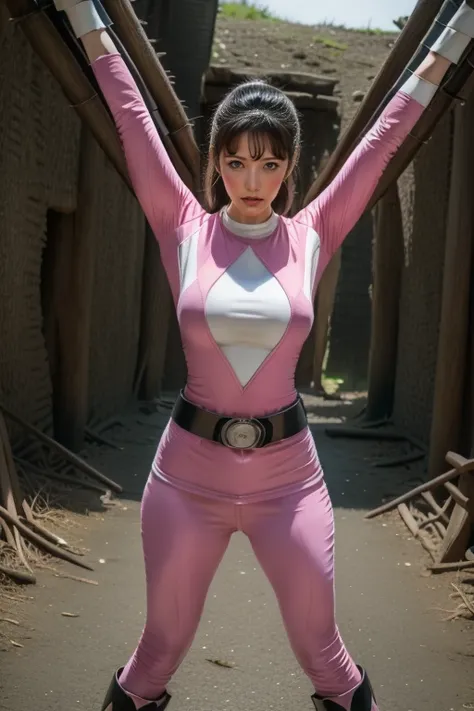 pink theme，pink ranger suit、curvy, big breats, full body, tied on saint andrew's cross in x position, screaming, eyes are closed...