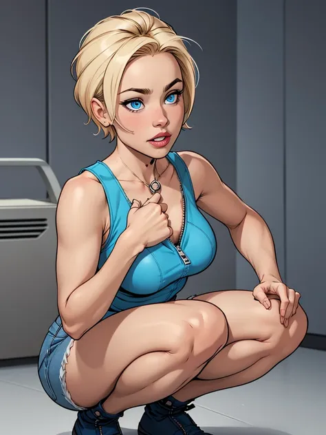 Young female, with blonde short hair, Blue eyes, wearing a tight blue tank top with a low neckline, wearing short,Squatting,  tight denim shorts with the zipper open, Showing panties  comic style  