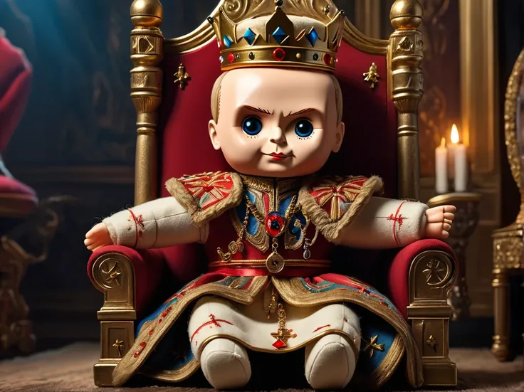 (knitted toy voodoo doll:1.9), (Voodoo Vladimir Putin:1.7), (on the throne:1.3), (Clothing: royal attire with royal insignia, flowing cape:1.0), (Accessories: crown, scepter:1.2), (background: luxurious room full of riches, Russian coat of arms prominently...