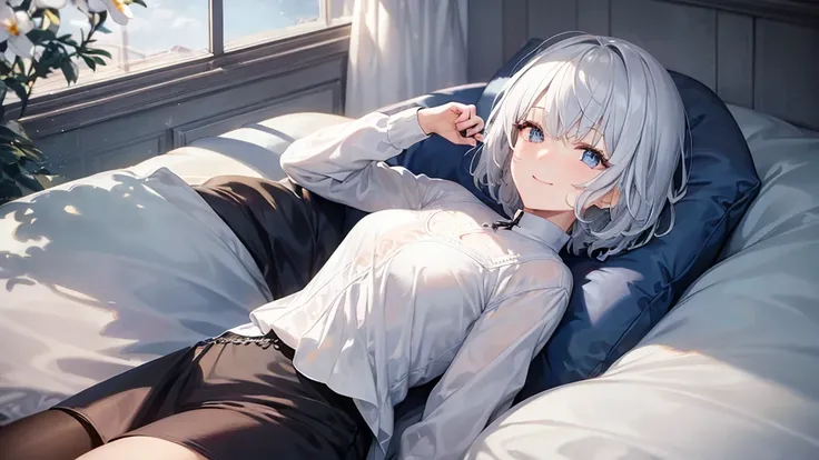 Ultra HD,Look at the viewers, Put your hands behind your back, With a girl, 20-year-old, 非常にShort Hair, Long bangs between the eyes, Pale blue eyes,  Very detailed,(masterpiece、Highest quality),Gray Hair、Laughter、Fantastic, Silver Hair, Iris,  Short hair、 ...