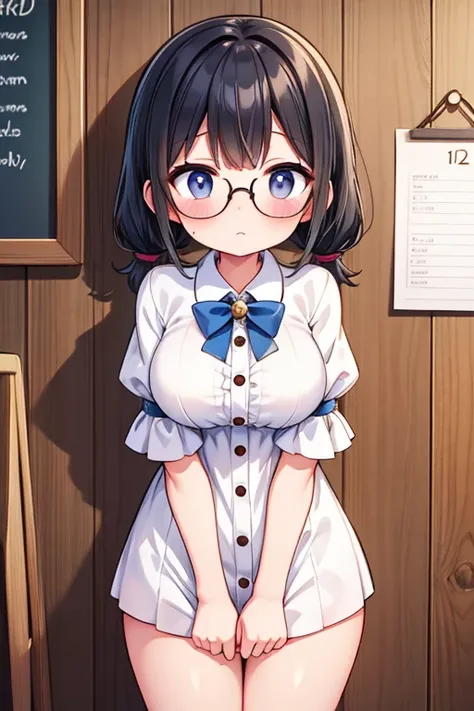 Cute naughty peasant girl, Pastel colors hair, medium breasts, Thighs, black hair, short hair, (low twintails), glasses, standard height, (anxious face:1,2、blush:1.2, quiet personality:1.2, shy), (naked), at the adventurers guild, A bulletin board with pos...