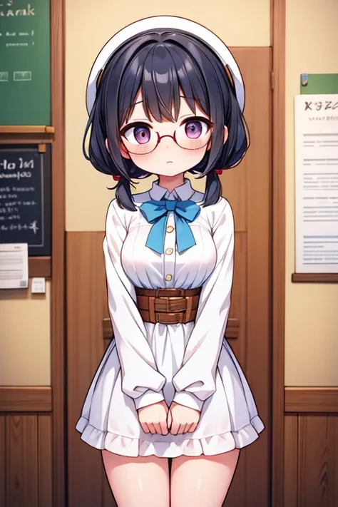 Cute naughty peasant girl, Pastel colors hair, medium breasts, Thighs, black hair, short hair, (low twintails), glasses, standard height, (anxious face:1,2、blush:1.2, quiet personality:1.2, shy), (naked), at the adventurers guild, A bulletin board with pos...