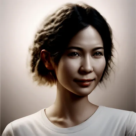 (Photo: 1.3) af (realistic: 1.3), East Asian woman, soft light, clear face, (front), ((white T-shirt)), cheerful, warm light, ((gray-white gradient background)), (background)) ,avatar,(short hair),beautiful,young,,short hair,((aupper body))