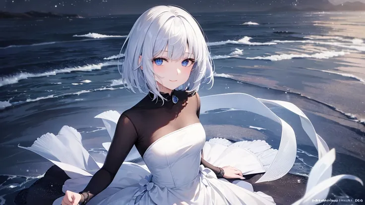 Ultra HD,Look at the viewers, Put your hands behind your back, With a girl, 20-year-old, 非常にShort Hair, Long bangs between the eyes, Pale blue eyes,  Very detailed,(masterpiece、Highest quality),Gray Hair、Laughter、Fantastic, Silver Hair, Iris,  Short hair、 ...