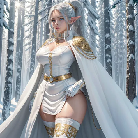 Realistic anime image, of a woman with light brown skin, cymetrical face, perfect beauty, (well-detailed blue eyes), long white hair tied up in a ponytail style, ((long pointed ears)), ((sensual lips) ), ((large, perky breasts)),((wide hips)),((thick thigh...