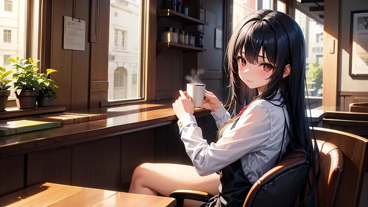 One Girl , Black Hair , Long Hair , Brown eyes , Cafe , Holding a cup