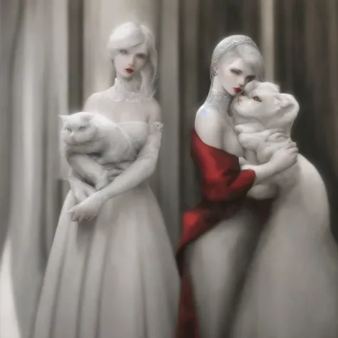 A gray-haired girl with very white skin and very red lips, wearing a white dress with blue embroidery, who is hugging a white Persian cat with black spots.