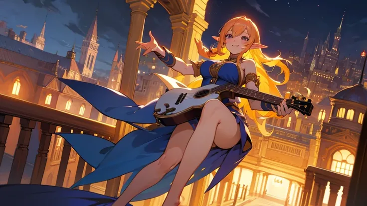 Anime Style,night,Detailed background,Magical World,A lively balcony with many people,Smiling bard beautiful elf girl,guitar,Large Breasts,Healthy thighs,Underarm,Barefoot