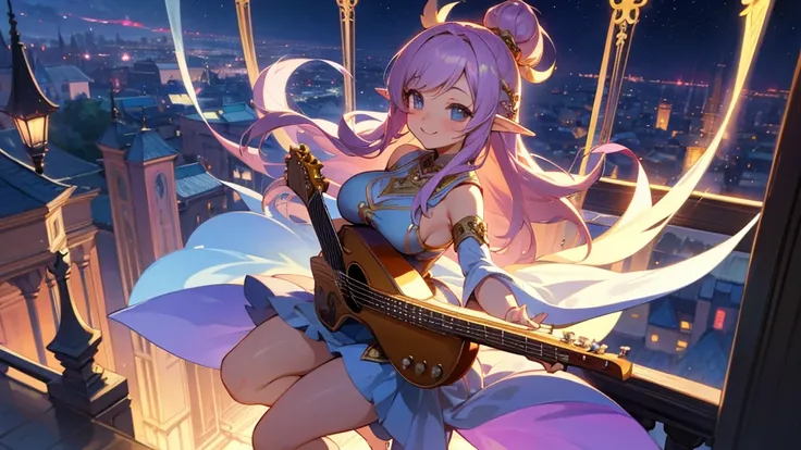 Anime Style,night,Detailed background,Magical World,A lively balcony with many people,Smiling bard beautiful elf girl,guitar,Large Breasts,Healthy thighs,Underarm,Barefoot