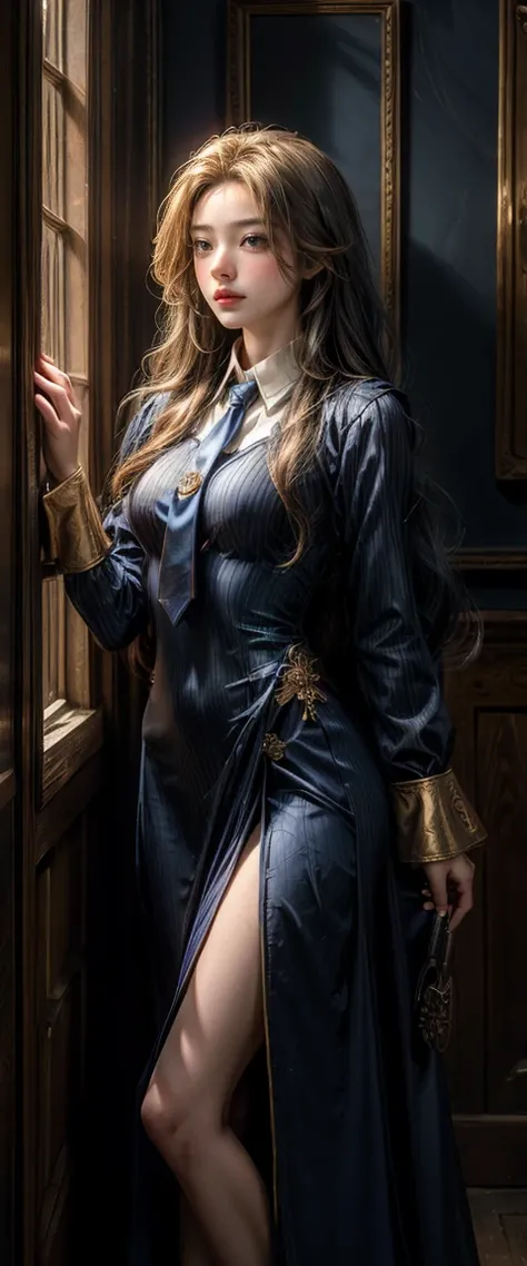 woman,long golden hairอ่อน,blue witch school uniform,Wear a blue tie with a cut pattern., half body, Highest quality, Highest picture quality, high resolution, realistic, 8K, Highly detailed,In a small dark medieval room, blue witch , long golden hair,gold...