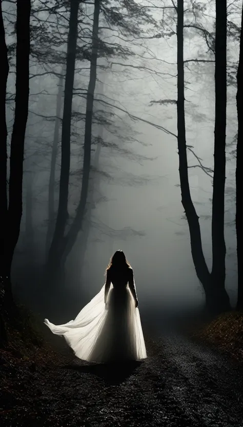 Silhouette of a woman in a flowing white dress on the side of a foggy forest road at night. She is barely visible through the thick mist, creating a ghostly, mysterious aura. The tall, twisted trees add to the eerie atmosphere. Cinematic, high contrast, sp...