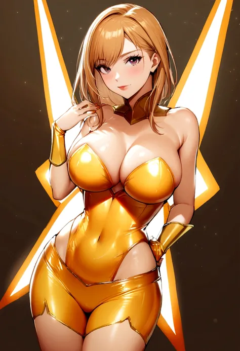 1girl,Emma Watson mix Scarlett Johansson, gold Fairy suit , Fantasy gold Warrior armer, wearing slim orange skirt fabric , (perfect big breasts:1.5, small waist, medium hips, perfect face)
