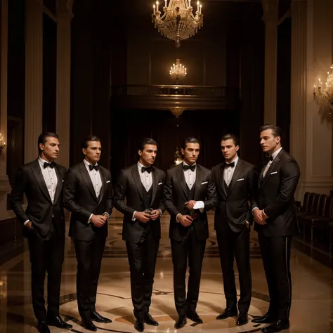 Capture the elegance and sophistication of four individuals, comprising four men. The four men don black tuxedos, They stand side by side on the grand opera stage, exuding an air of utmost refinement and poise. Ensure the image is a realistic, ultra HD por...