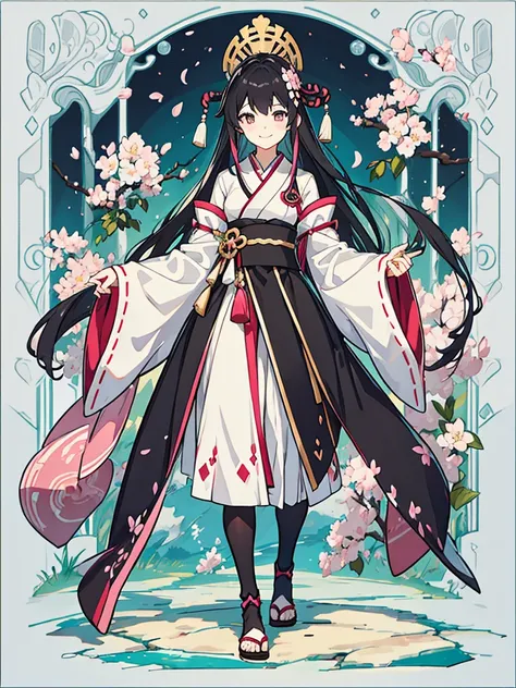 best quality, character design sheet, adult woman、No hat on, Black and pink hair, whole body, Head to Toe, Fortuneteller、Standing facing forward, Beautiful black dress, long Black Hair, Pure white background, from front, best quality, Cherry blossom patter...