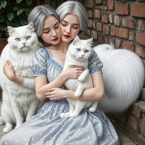 A gray-haired girl with very white skin and very red lips, wearing a white dress with blue embroidery, who is hugging a white Persian cat with black spots.