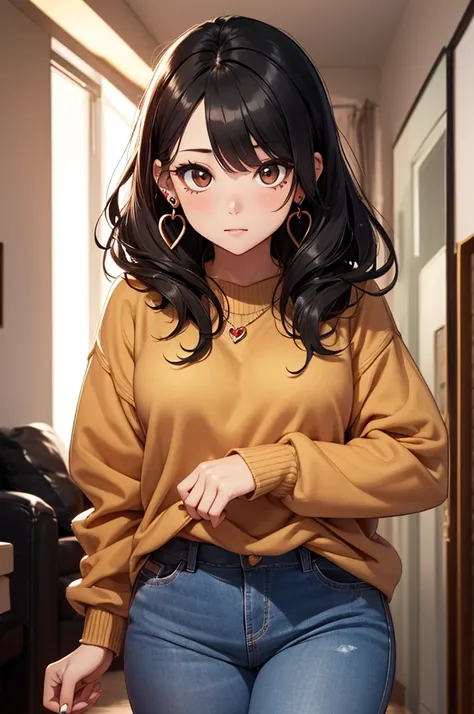 young woman with black hair,brown sweater, round face, brown eyes, medium length hair, 4 ear peircings, wavy hair, round eyes, heavy mascara and eyeliner, heart earings, bangs, very cute, blue jeans, standing up in apartment, 