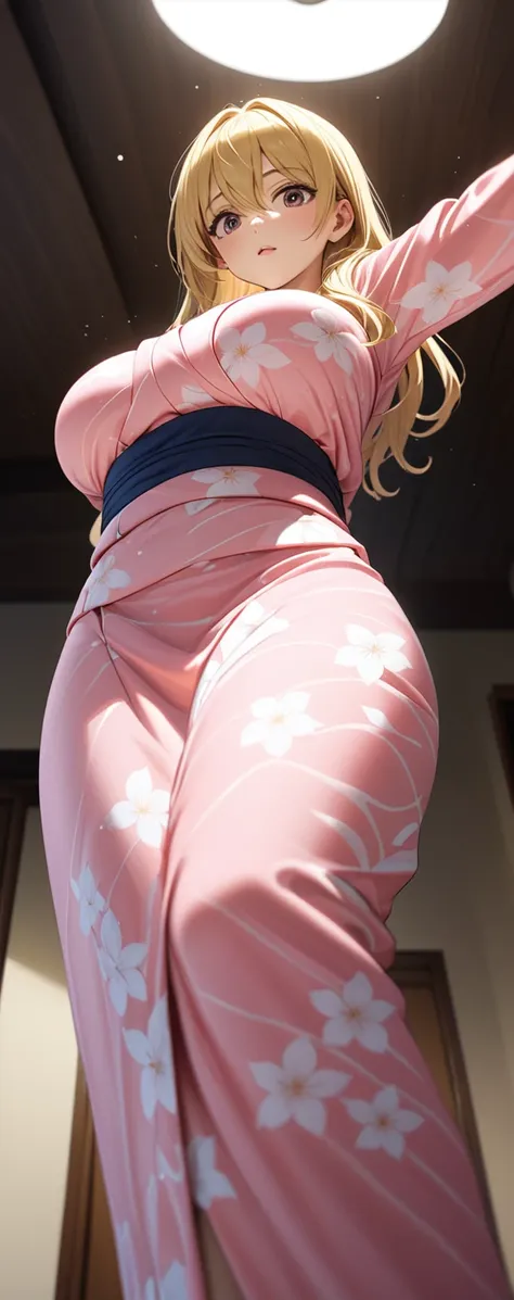 (masterpiece、highest quality、very detailed、8k)、one woman、18-year-old、blonde、big breasts、pink kimono、stand、(angle from below)