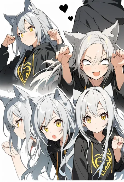 Beautiful youth, Silver Hair, Yellow Eyes, Long Hair, Long, narrow eyes, Black hoodie with wolf ears, White Background, Dog Pose, Raise your shoulders, Flying black heart,high quality, Draw Amount, Pixiv illustration