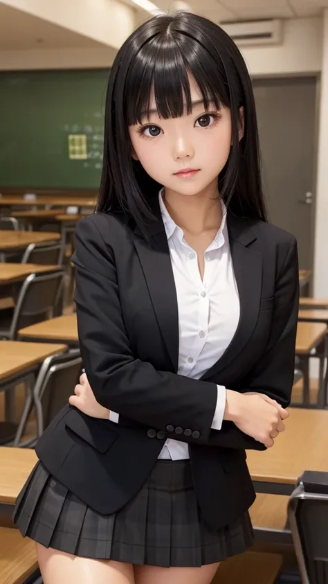 ((Tabletop)), (Detailed face), (highlight),　Asian Girl、Black Hair、Heavy bangs、high school girl、skirt、blazer、Support your chest with your arms、Gazing Eyes、