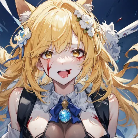 Delicate features, 狂気の笑face, Crazy Smile, Mouth wide open, Mouth open and teeth bared, wide lips, Very wide mouth, Frowning, Vermilion-tinted cheeks, Blonde Hair, Princess Cut, Ribbon hair ornament, brooch, Shiny candy blue dress, Gold embroidery,Lolita St...