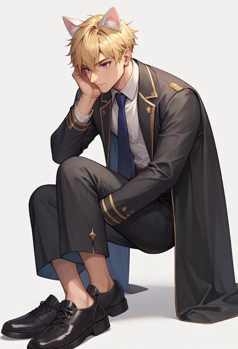 ((Best quality, masterpiece)), 
1 guy, blonde short hair, purple eyes, Neko, Cats white ears, black jacket, black pants, black mens shoes, dark blue tie, White background