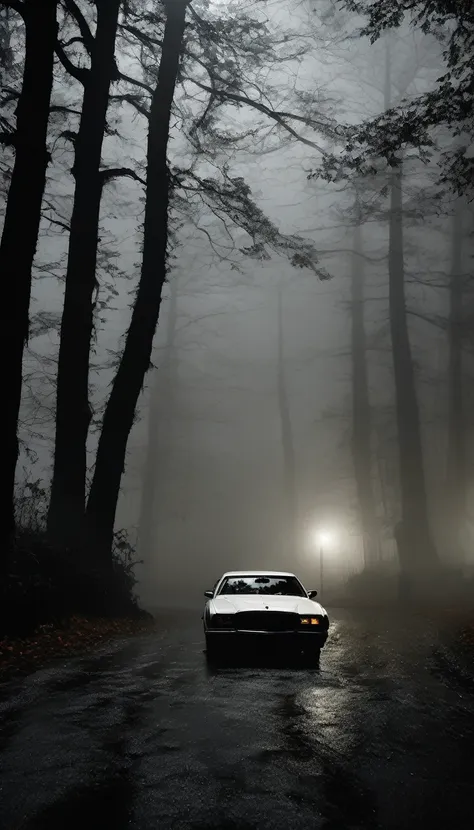 A car stopped on a dark, foggy forest road at night. The driver, a man, looks worried as he peers out the window at the woman in white. The surroundings are shadowy, with tall, twisted trees and dense fog. Cinematic, high contrast, spooky.