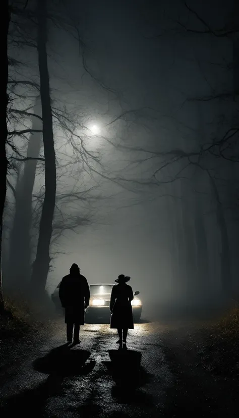 a car stopped on a dark, foggy forest road at night. the driver, a man, looks worried as he peers out the window at the woman in...