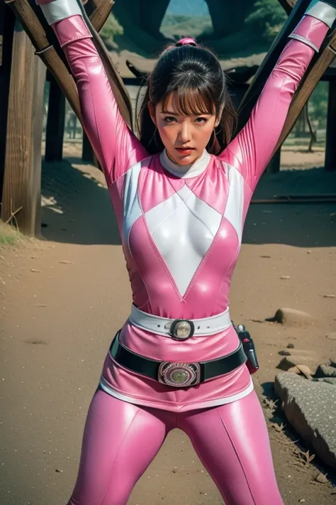 pink theme，pink ranger suit、curvy, big breats, full body, tied on saint andrew's cross in x position, screaming, eyes are closed...