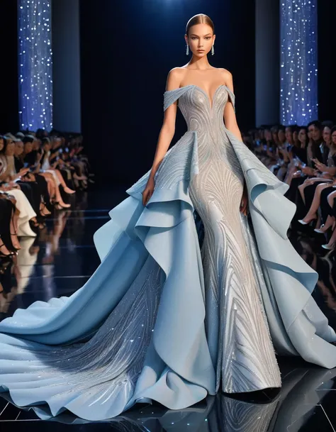 In the shimmering spotlight of a high-fashion runway, a stunning beautiful girl struts confidently in a breathtaking gown by Celeste Design Studio 2024. The dress is a masterpiece, featuring an intricate design of sparkling embellishments that cascade down...