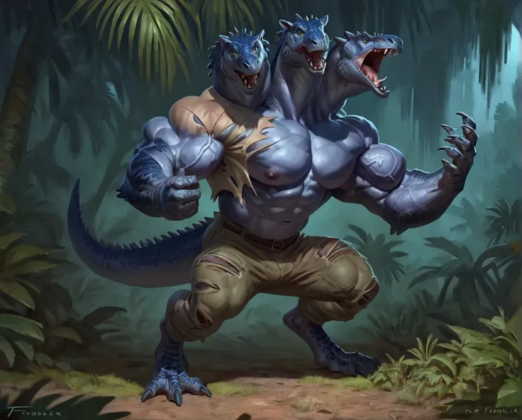 male tyranosaurus mid transformation, solo,(2 heads on 1 body:1.1), masterpiece, purple blue scales, dark blue skin, hyper muscle, muscular arms, veiny arms, best art, digitigrade, by taran fiddler, torn pants, torn shirt, detailed hands, detailed eyes, de...