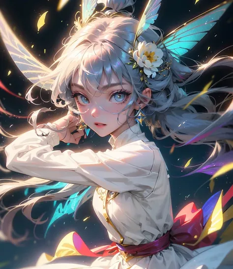 (((Masterpiece))), (((Best quality))), ((Ultra-detailed)),(Highly detailed CG illustration), ((An extremely delicate and beautiful)),Cinematic light, Create stunning fantasy artwork，fairy fantasy，the Flower Fairy，Transparent butterfly wings，Fairy stick，Lot...